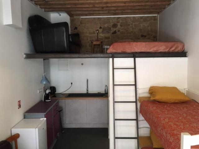a bedroom with a bunk bed and a kitchen at Maison St Ringo cozy apartment in Lyon