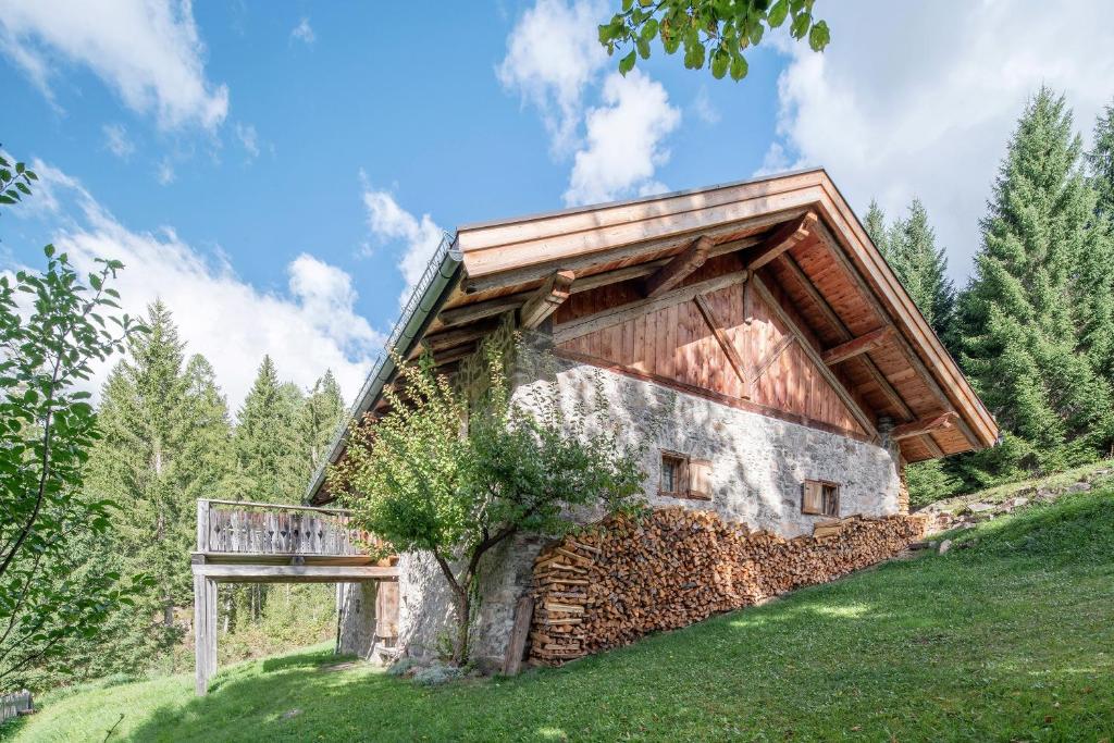 a house on a hill with a wooden roof at Chalet El Deroch - Bellamonte in Bellamonte
