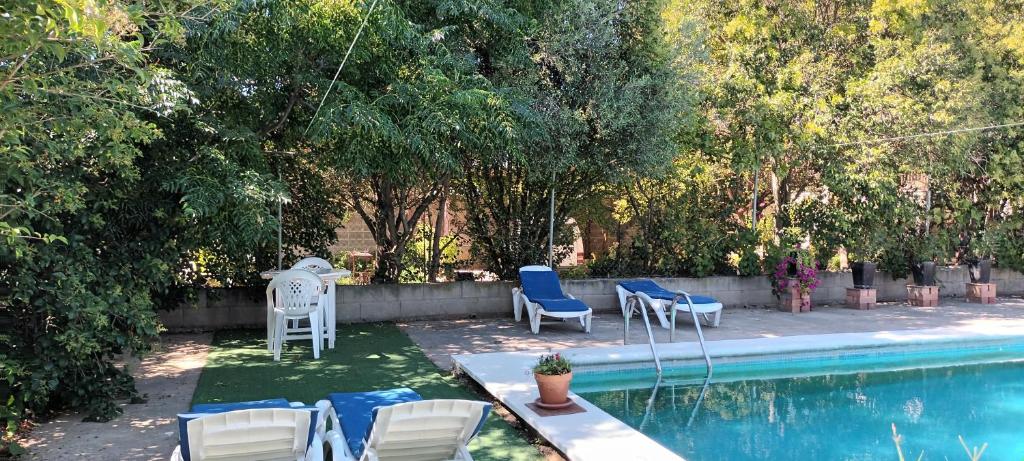 a backyard with chairs and a swimming pool at Marina in Lleida