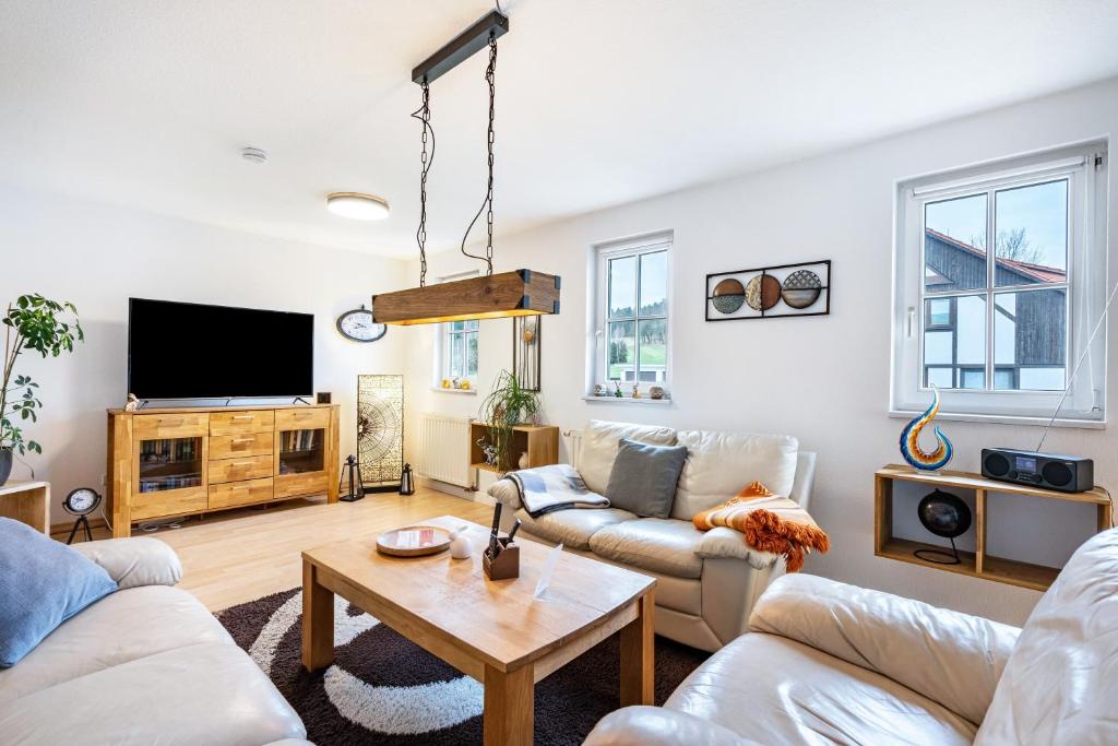 a living room with two couches and a tv at Gohrischblick in Kurort Gohrisch