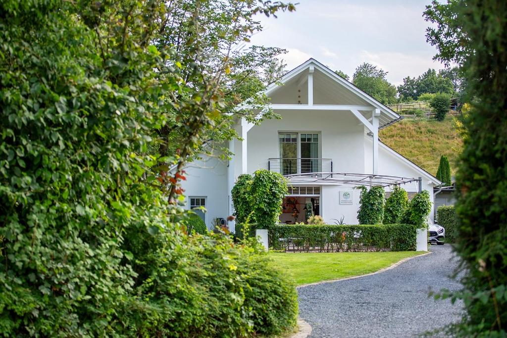 a white house is seen through some bushes at Ferienhaus Wennetraum mit Sauna in Eslohe