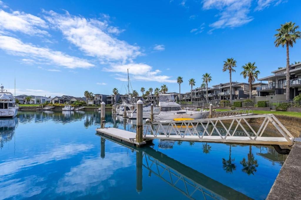 a dock with boats in a marina with palm trees at Villa One on the Waterways - Pool, Spa Pool, Tennis in Whitianga