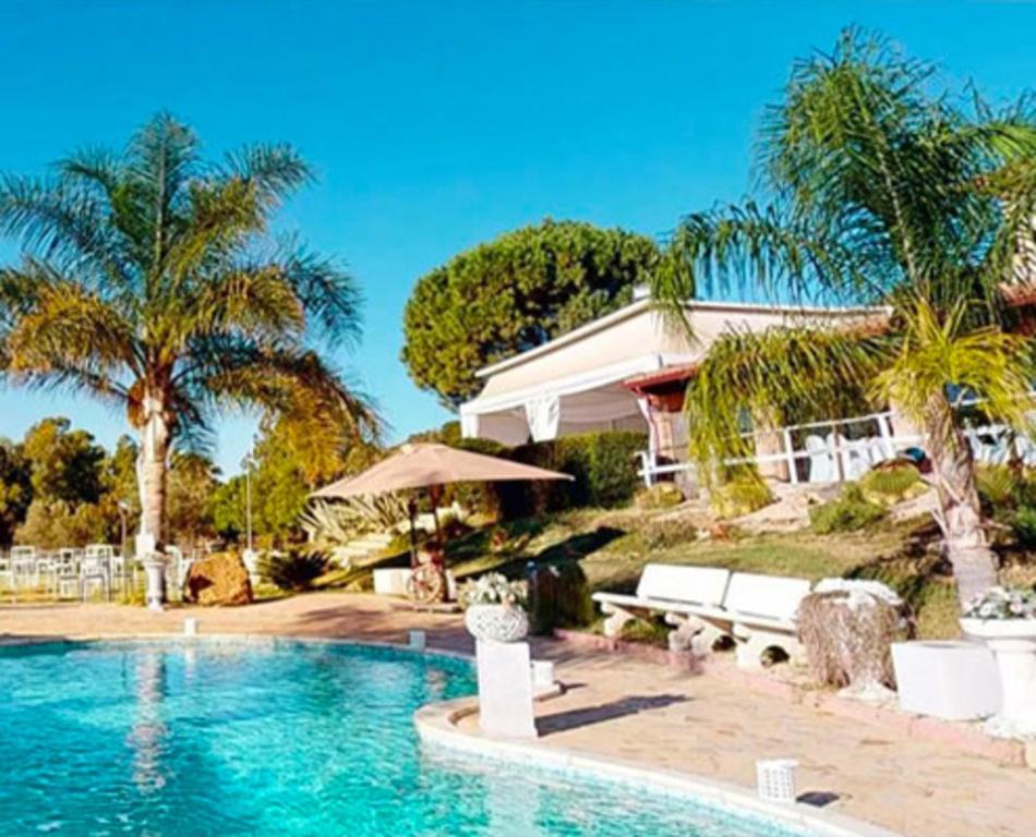 a swimming pool with a house and palm trees at Villa Pia in Uta