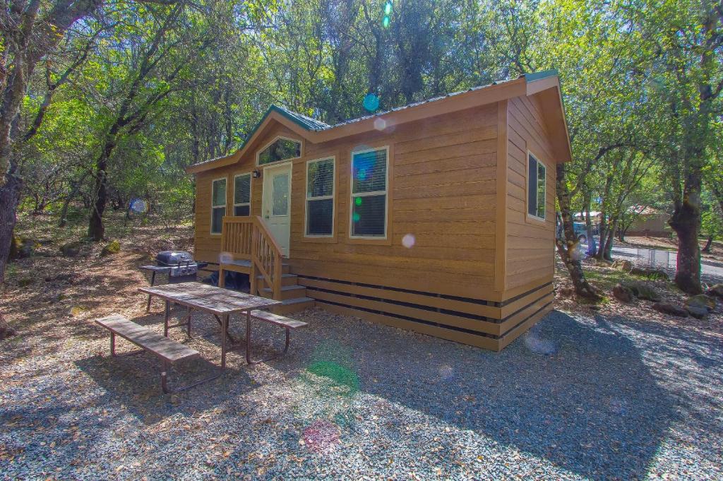 a tiny house with a picnic table and a grill at Lake of the Springs Camping Resort Cottage 1 in Oregon House