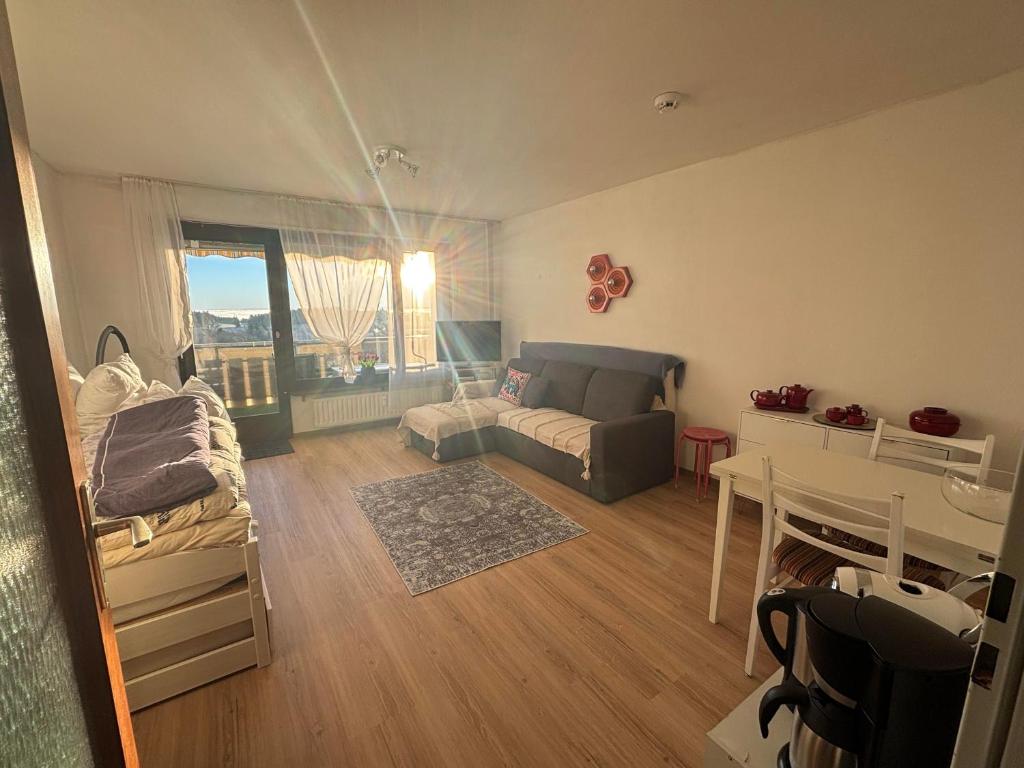a living room with a couch and a table at Über den Wolken in Höchenschwand