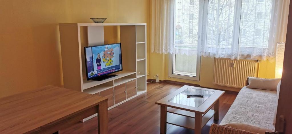 a living room with a couch and a tv at Ferienwohnung Mücheln 2 in Mücheln