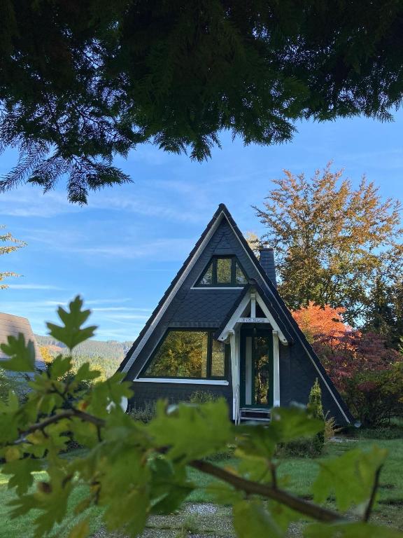 a small house with a black roof at Nurdachhaus Sauerland in Kirchhundem