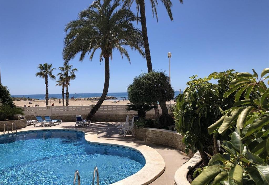 a swimming pool with palm trees and a beach at Front Line on the beach in Calpe