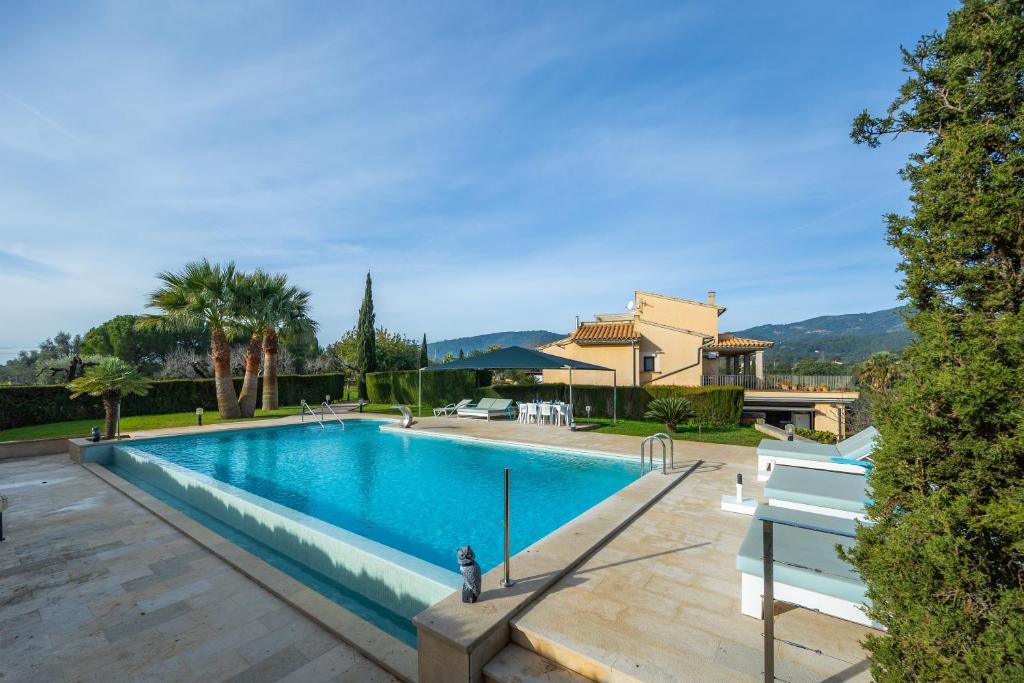a swimming pool in a yard with a house at El Olivar in El Port de la Selva