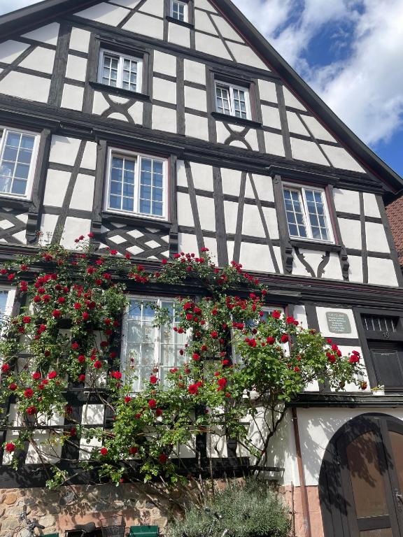 a black and white building with red flowers on it at Apartment im Scheffelhaus in Gengenbach