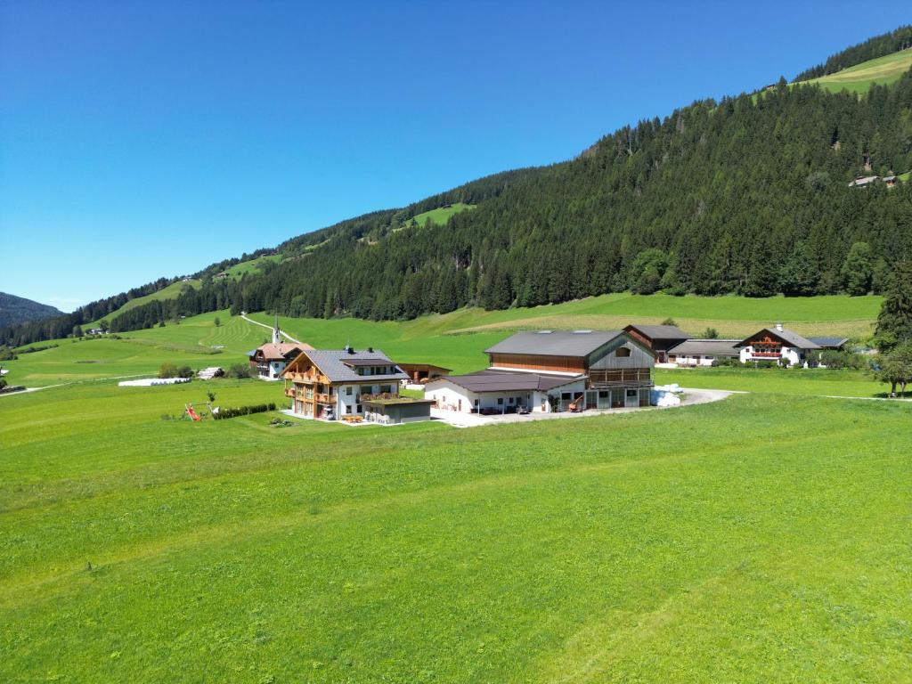 a house in a green field with a mountain at Metzgermayr in Villabassa