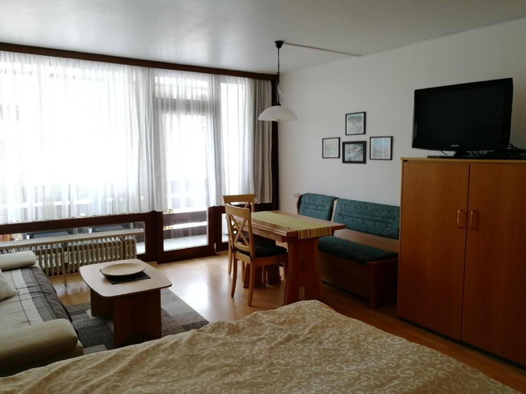 a living room with a couch and a television at Schloss Grubhof Appartement in Sankt Martin bei Lofer