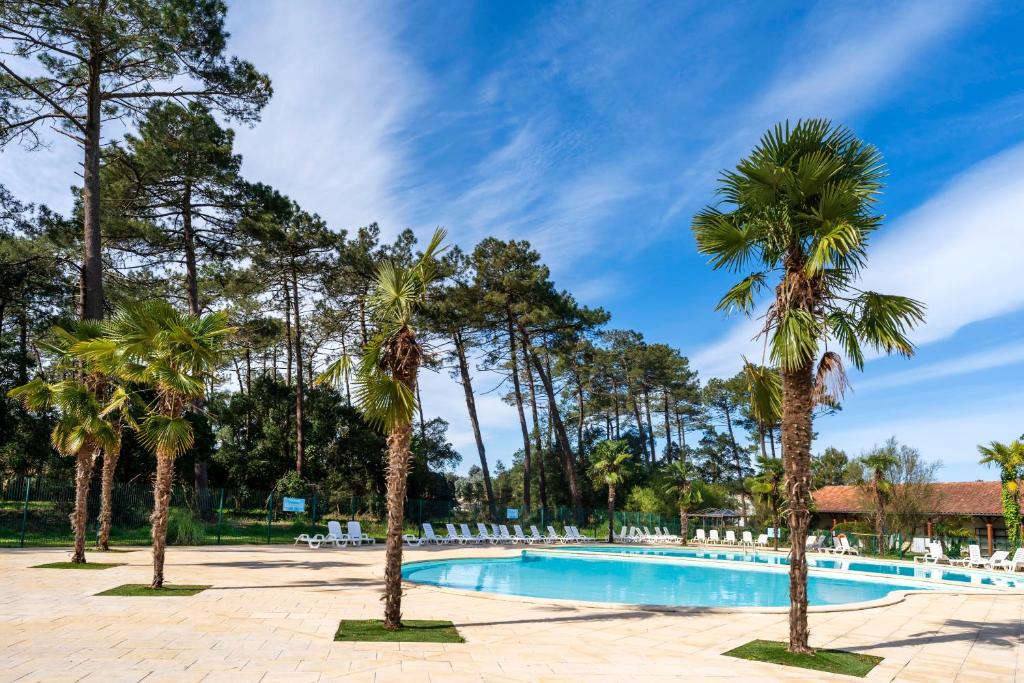 a swimming pool with palm trees in a resort at Cosy Pavillon 2chambres proche mer in Ondres