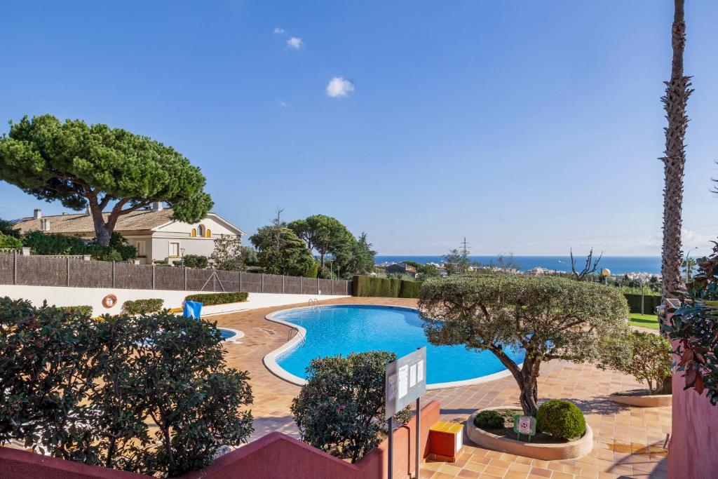 a swimming pool with trees and the ocean in the background at Host Dalies in Premia de Dalt