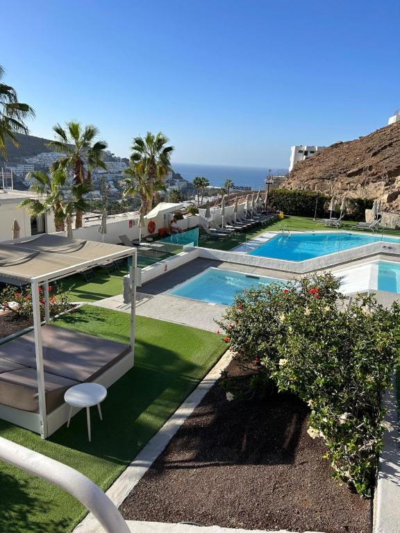 a view of a pool with palm trees and the ocean at Casita Blanca in Puerto Rico de Gran Canaria