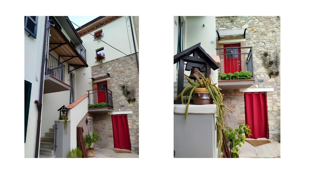 an alley with red windows and a plant in a pot at La Colombara di Castione in Casone