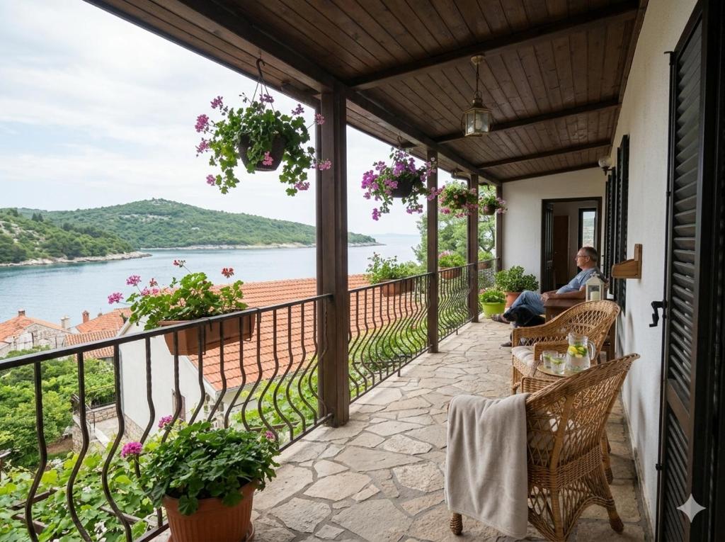 a balcony with a view of the water at Мечта in Kruče