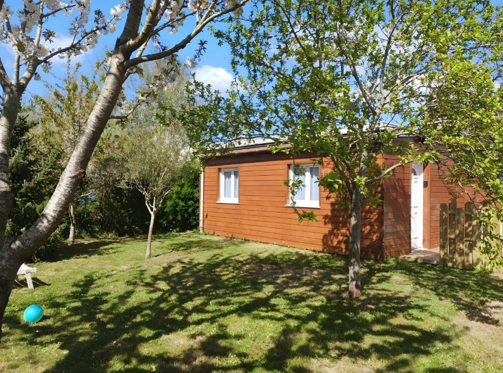 a small wooden cabin in a yard with trees at Chalet proche dinard in Pleurtuit