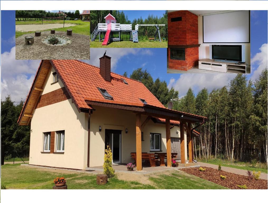 a collage of pictures of a house at Villa Grunwald - dom z działką 3000m2 na wyłączność, z dużym ogrodem, tarasem, grillem, hamakami, domkiem dla dzieci i boiskiem in Gierzwałd
