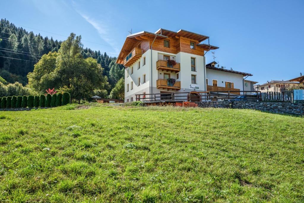 a house on a hill with a green field at Casa Penasa Appartamento 1 in Commezzadura