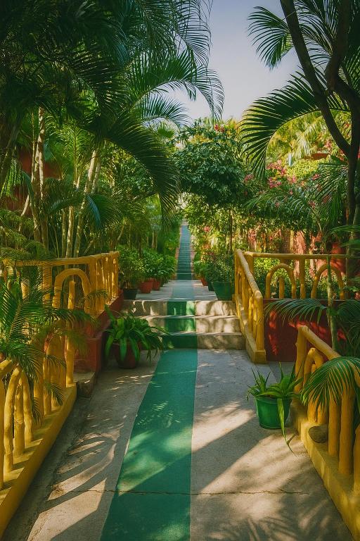 a garden with palm trees and a pathway at Oslo Green By Around Stays, Tapovan, Rishikesh in Rishīkesh