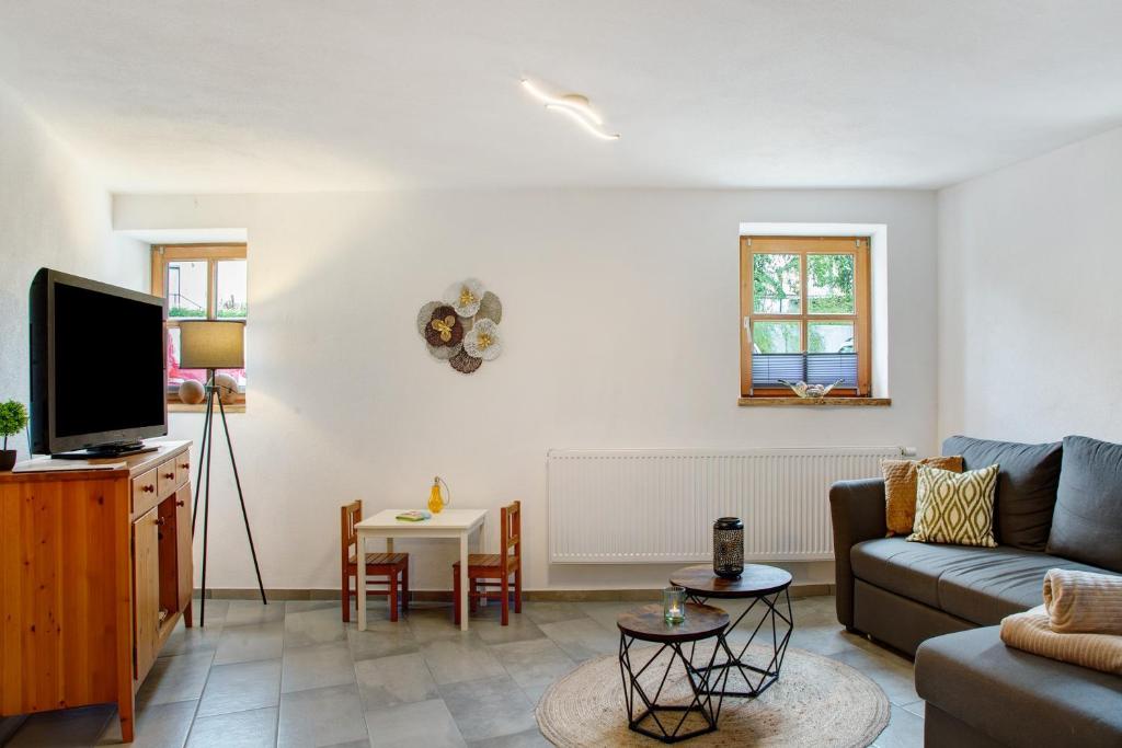 a living room with a couch and a tv at Felicitas in Tann