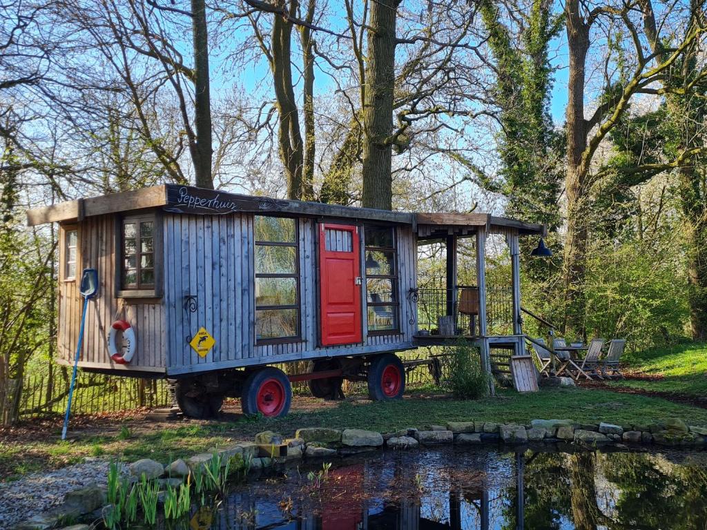a tiny house with a red door sitting next to a pond at Pepper Huis in Lemgo