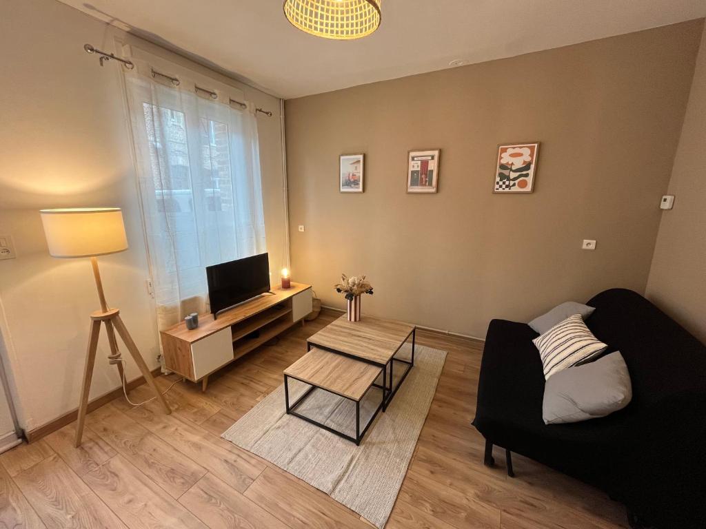 a living room with a couch and a tv at Maison Delavigne in Amiens