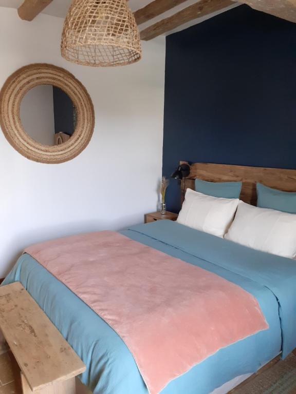 a bedroom with a bed and a mirror on the wall at Gite Le Cozy in Val-au-Perche