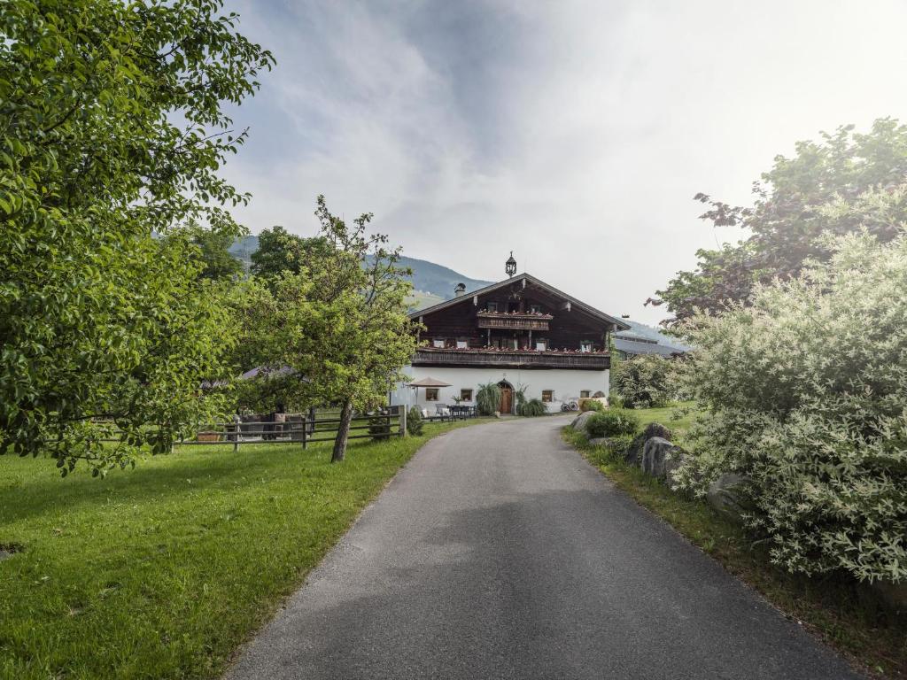 a road in front of a house with a building at Chalet Wolfbachgut in Taxenbach