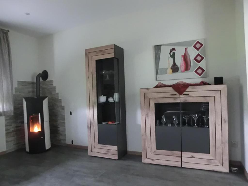 a room with two wooden cabinets and a fireplace at Wiesenblick in Brilon
