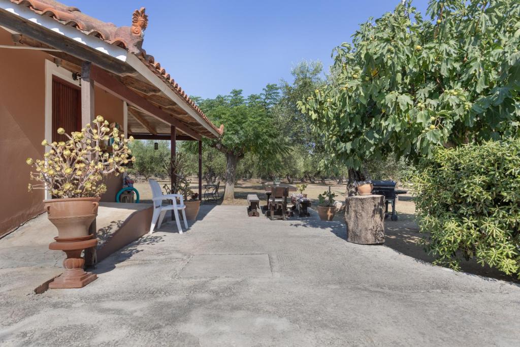 a walkway next to a house with trees and chairs at Dimaras Apartments Zakynthos in Vasilikos