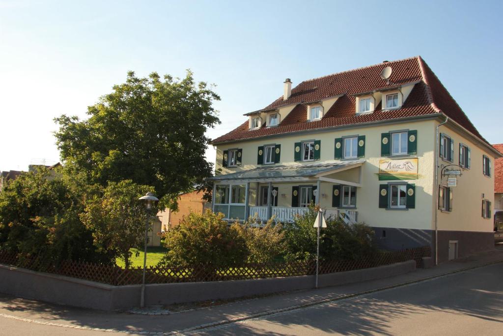 a large house with blue windows on a street at Gasthof Adler in Ebenweiler