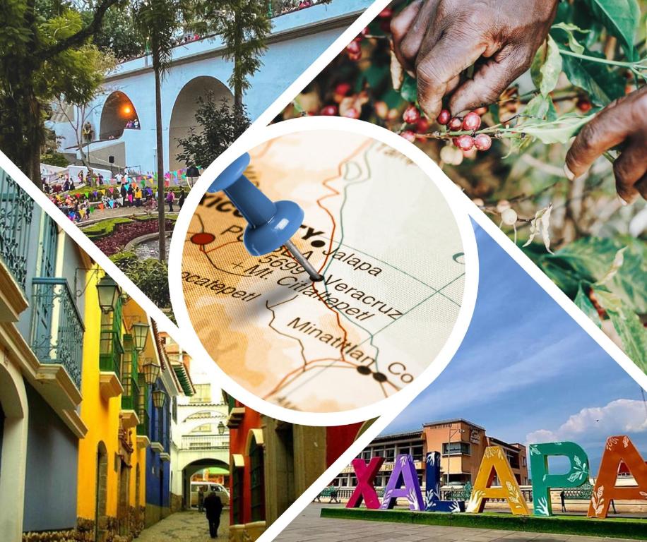 a collage of photos of a map with a puzzle piece at Hostal Santa Anna in Xalapa