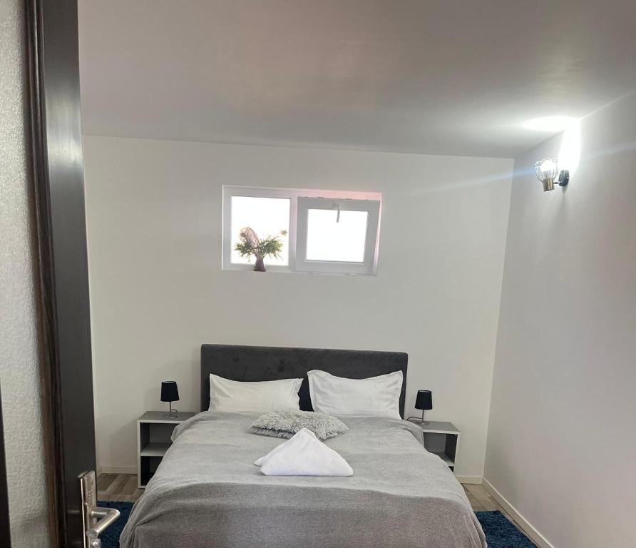 a bedroom with a bed with two tables and a window at Casa Gla in Râşnov