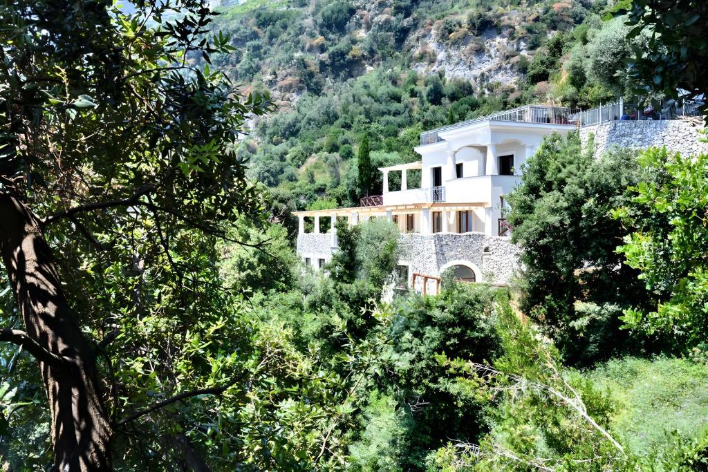 a large white house on a hill with trees at Luxury Villa Seaview con jacuzzi in Conca dei Marini