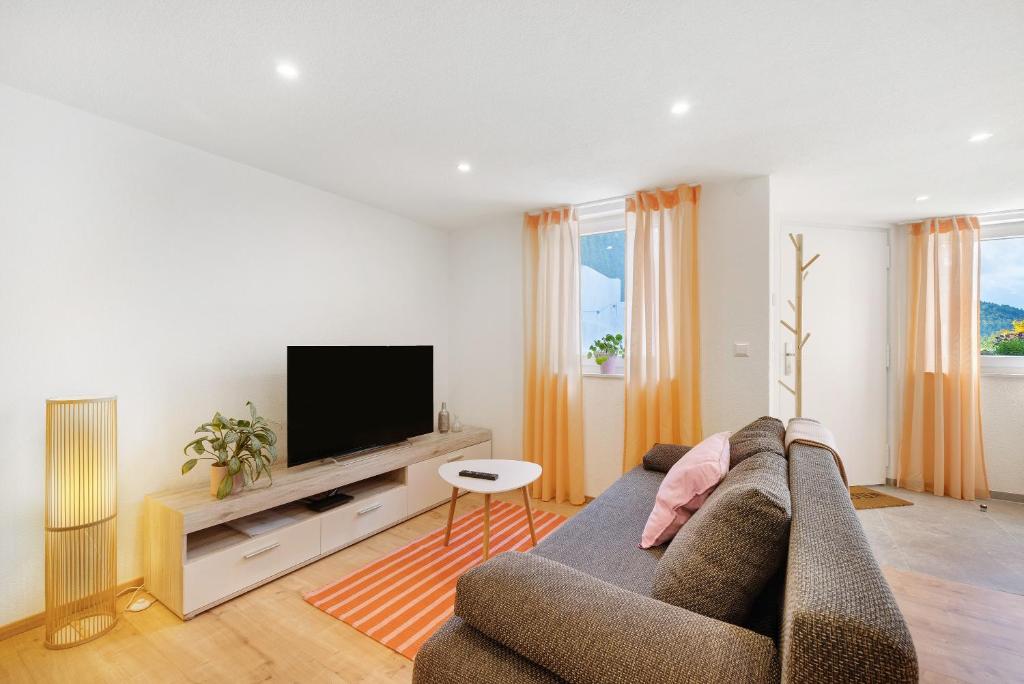 a living room with a couch and a flat screen tv at Ferienwohnung Apfelwiese in Meßstetten