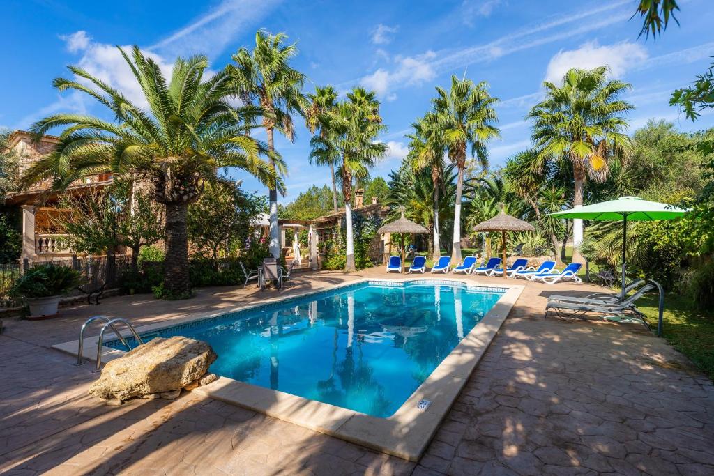 a pool with palm trees and chairs and an umbrella at Can Lopez Vara in Campos