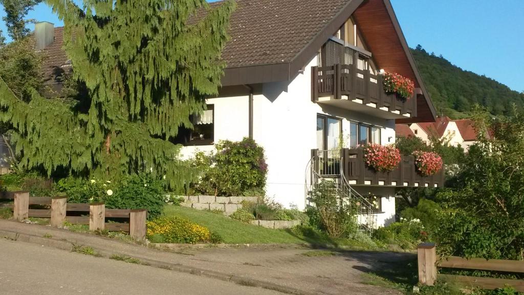 a white house with flower boxes on the balconies at Ferienwohnung Eppler in Albstadt