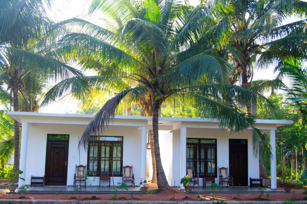 una casa blanca con palmeras delante en Shady mango villa en Sigiriya
