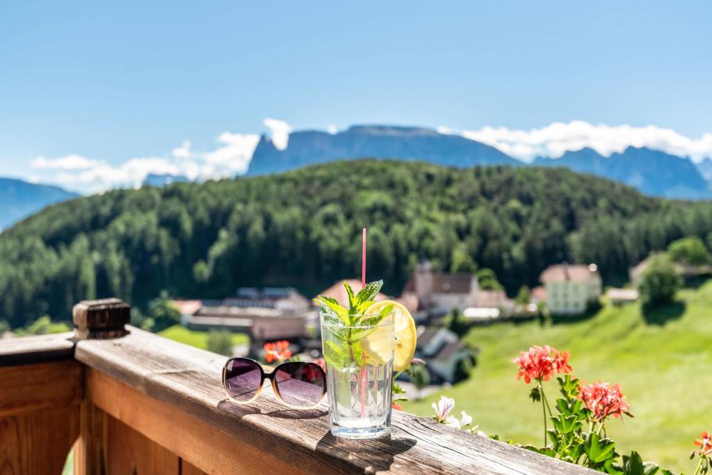 a glass with a lemon and a drink on a balcony at Sallrain Hof Apartment 2 in Collalbo