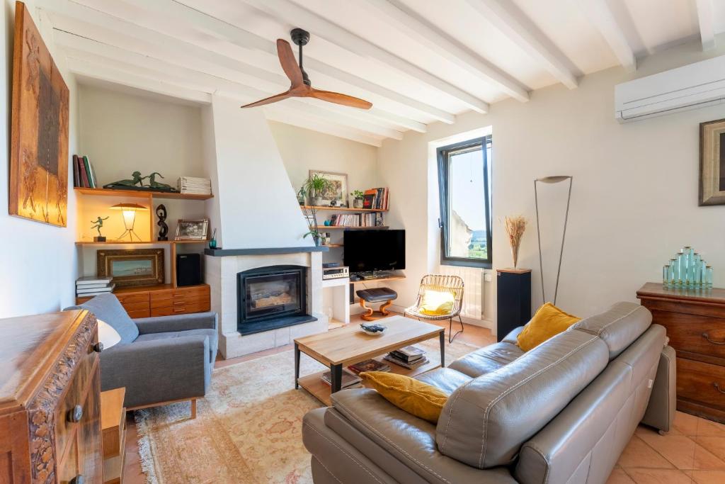 a living room with a couch and a fireplace at Le Sophora avec jacuzzi in Rochefort-du-Gard