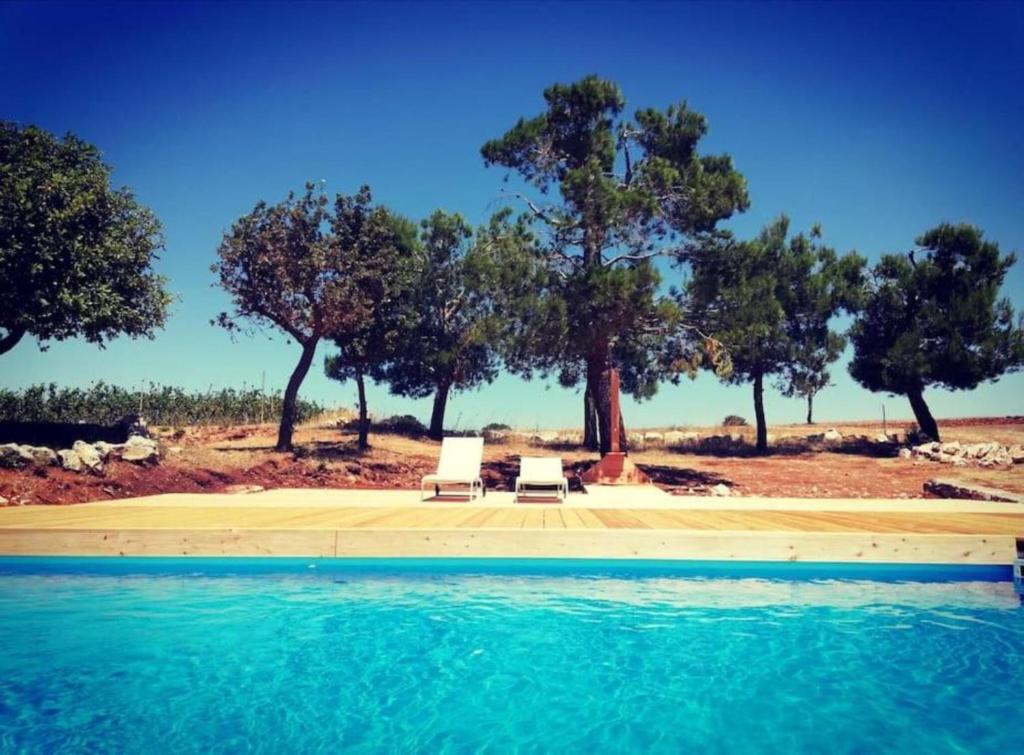 a swimming pool with two lawn chairs and trees at Villa Torto with private pool in Monopoli