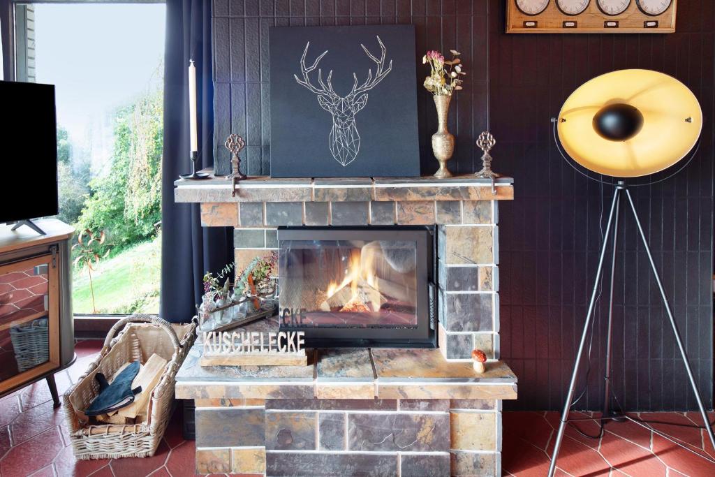 a fireplace in a living room with a fire place at Auszeyt Edersee für Vier in Waldeck
