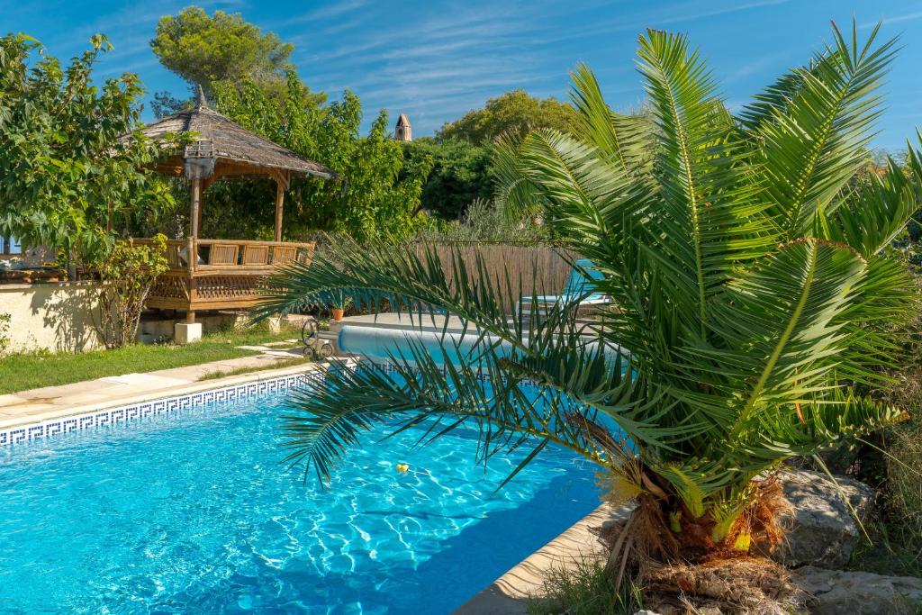 a palm tree next to a swimming pool with a gazebo at La Dolce Vita in Lambesc