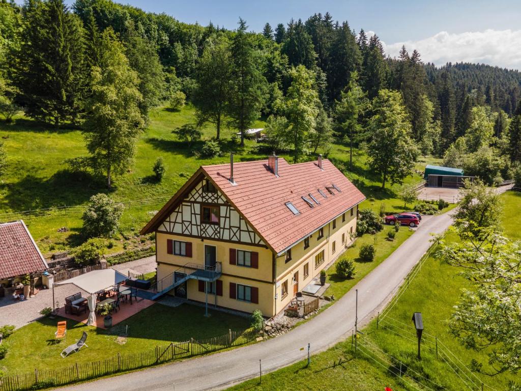 an aerial view of a house with a red roof at Marie in Weiler-Simmerberg