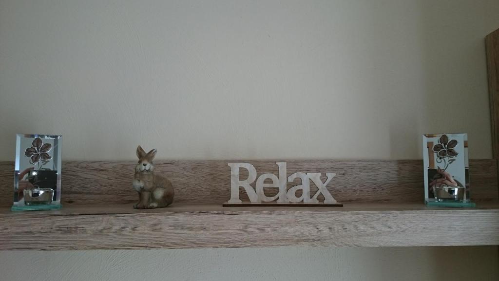 a shelf with a rabbit sitting on top of it at Ferienwohnung Mai, 63qm in Plettenberg