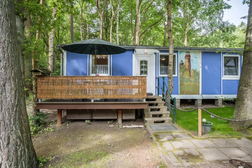 a blue tiny house in the woods with an umbrella at Bungalow Arkona Bgl 1 in Dranske