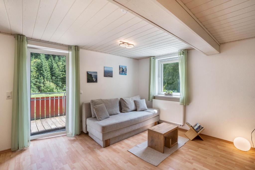 a living room with a couch and two windows at Ferienwohnung Waldblick in Freudenstadt