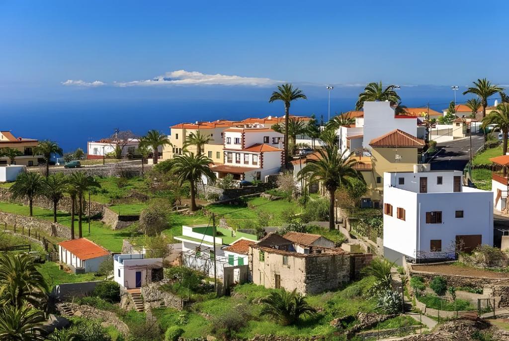 an aerial view of a town with palm trees and the ocean at Casa Fagundo 84 in Alajeró